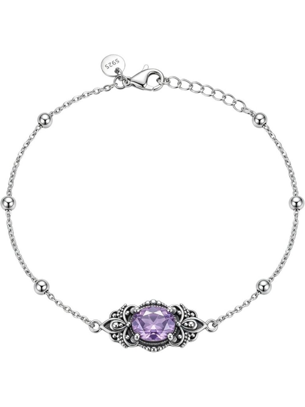 Vintage 925 Silver Victorian Gemstone Link Bracelet - Elegant 9mm Design